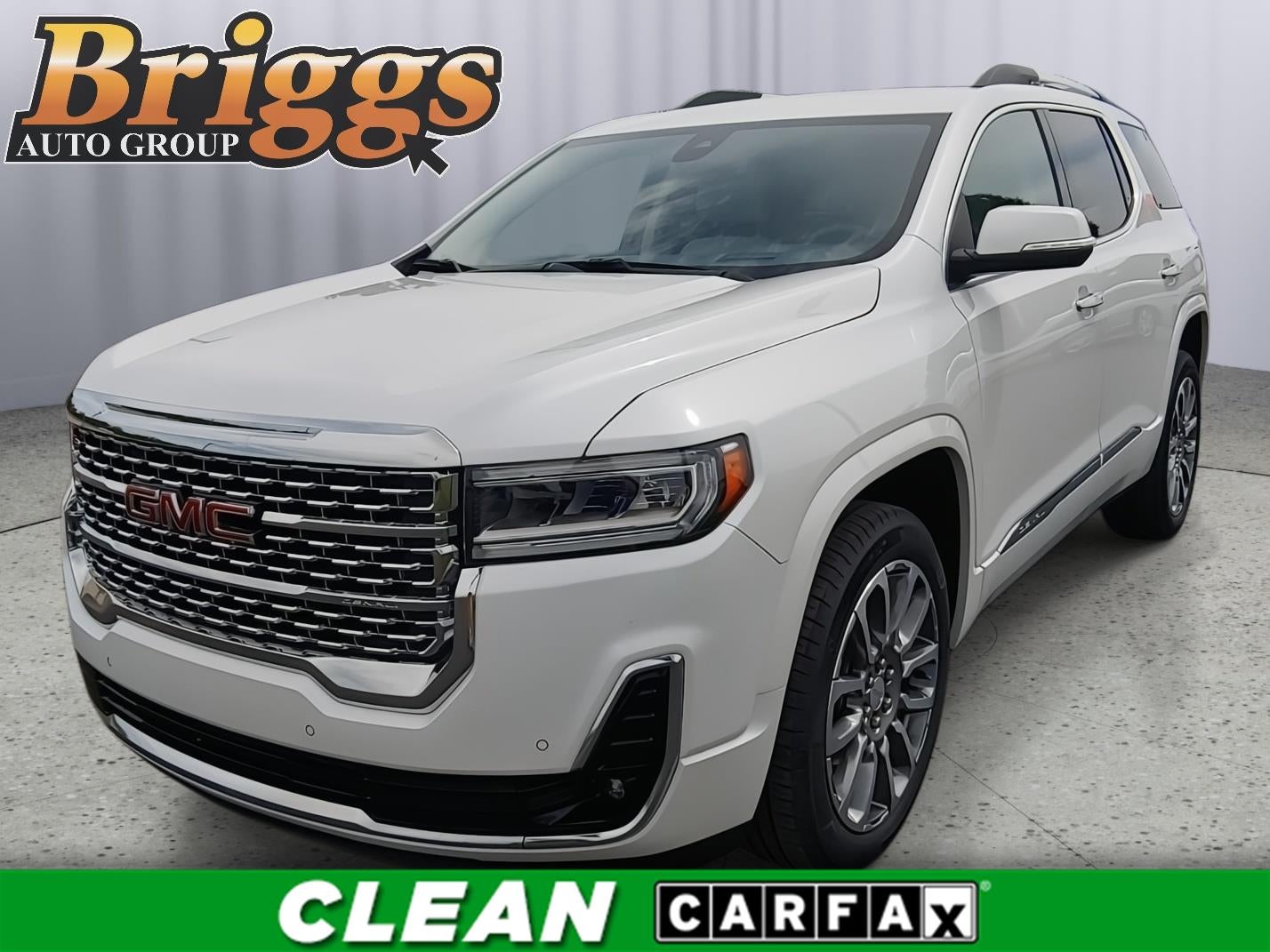 2023 GMC Acadia Denali in White Frost Tricoat — front three-quarter view