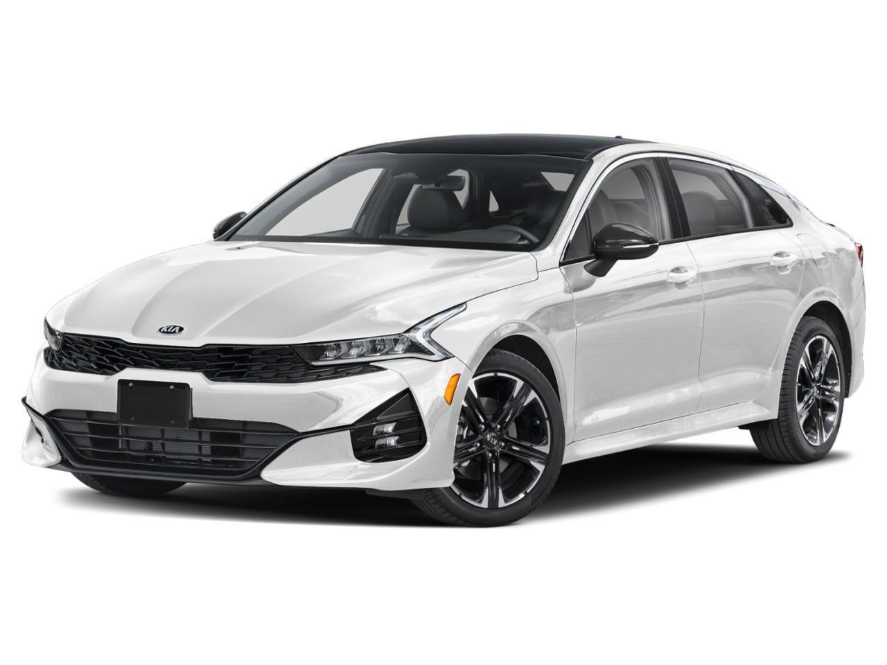 2021 Kia K5 GT-Line in Glacial White Pearl — front three-quarter view