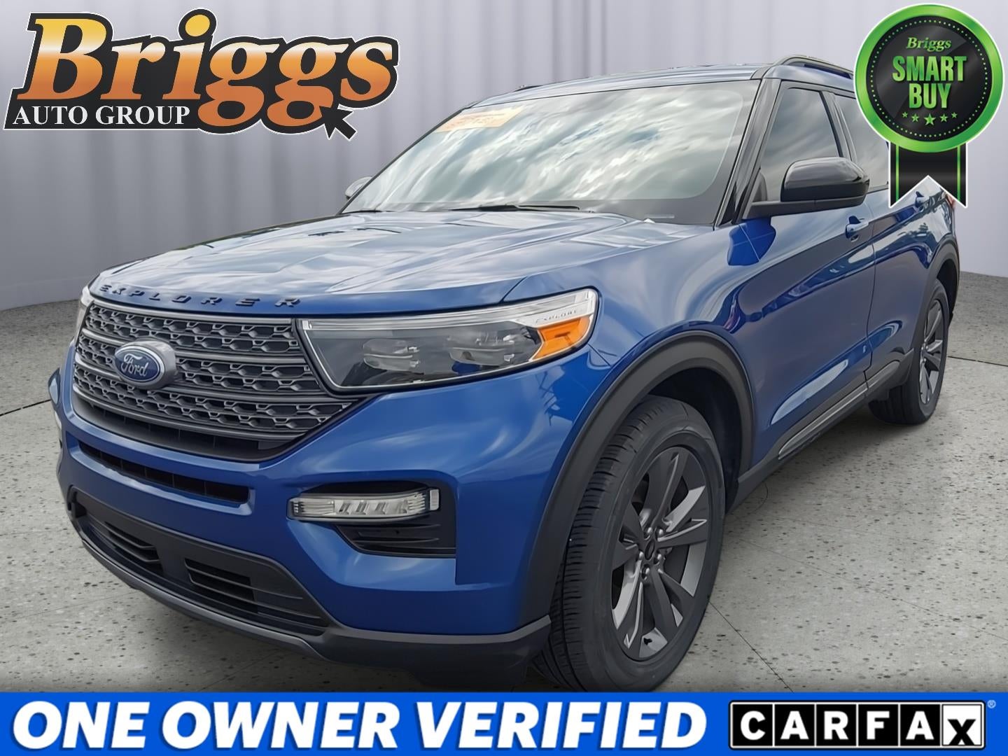 2022 Ford Explorer XLT in Atlas Blue Metallic — front three-quarter view