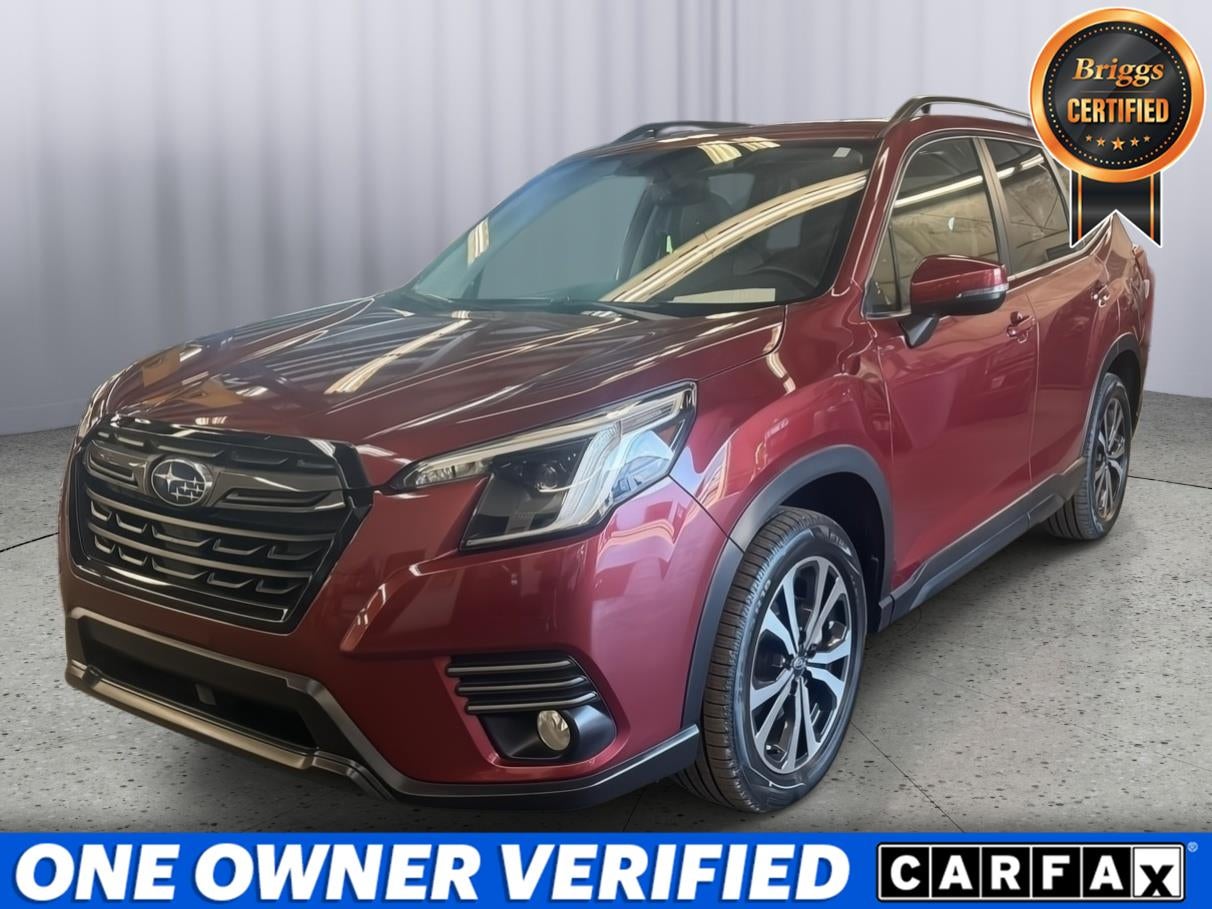 2022 Subaru Forester Limited in Crimson Red Pearl — front three-quarter view