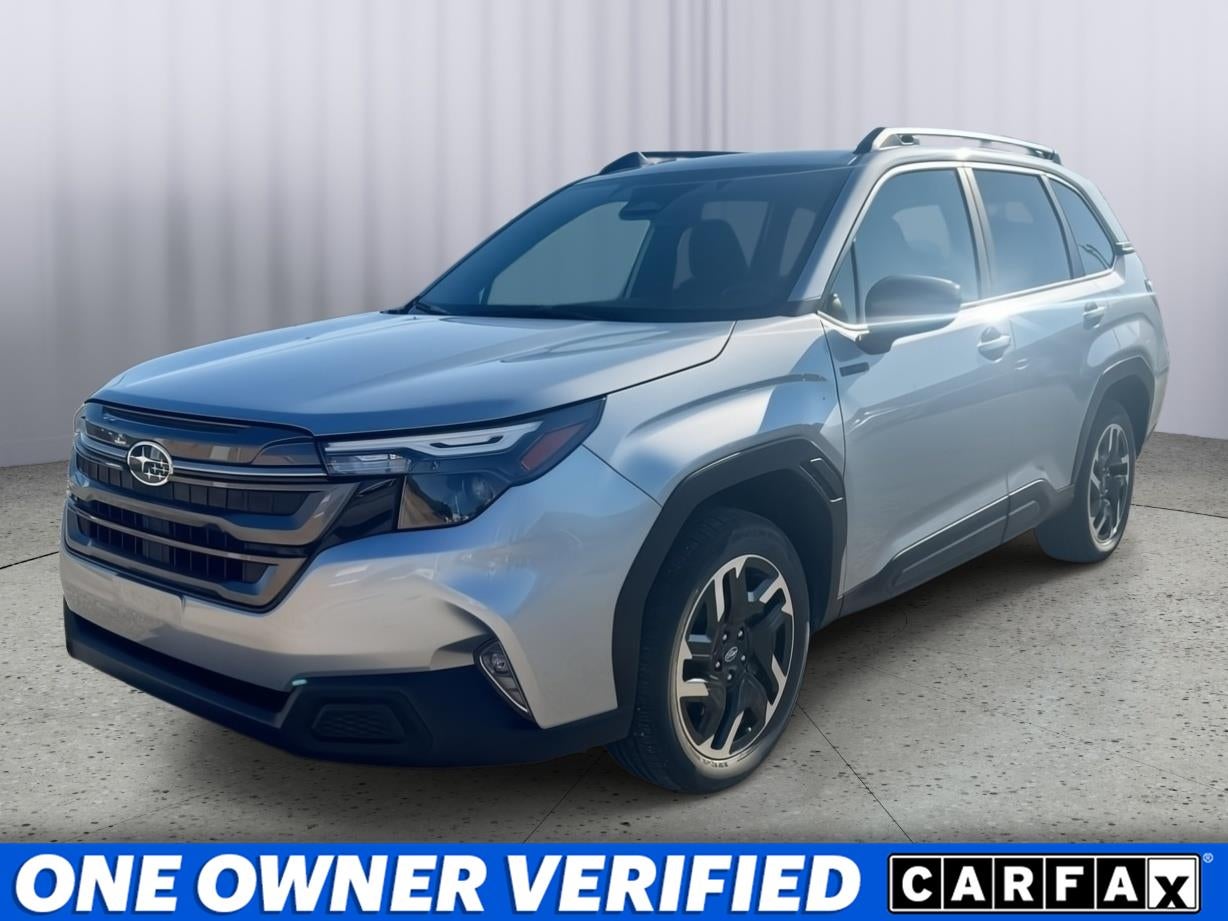 2025 Subaru Forester Premium Hybrid in Ice Silver Metallic — front three-quarter view